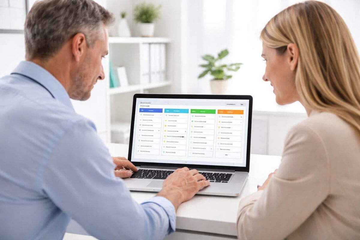Clinic owner and practice manager reviewing a patient enquiry pipeline on a laptop